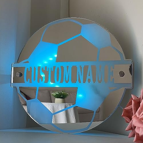 ALICESER Personalized Soccer Name Sign, Custom Name LED Light Up Wall Art with 7 Color Changing Light Up Mirror Night Light