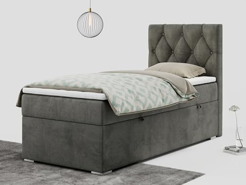 MKS MEBLE Boxspringbett 90x200 mit Matratze, Einzelbett 90x200 mit Bettkasten und Topper, Jugendbett 90x200 mit Stauraum -Alda 90 cm - Dunkelgrau Velvet - H3 - Rechte Seite