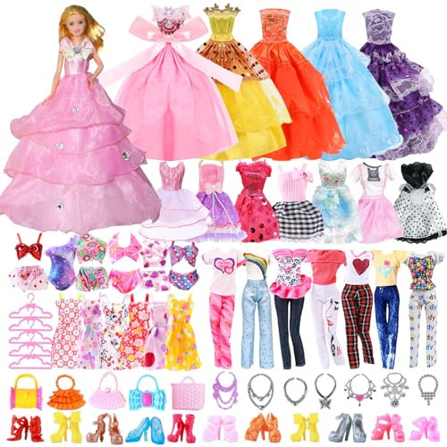 54 Vêtements Accessoires Compatible avec Barbie Poupée, 8 Robes Chic 1 Princesse 3 Robes de Soirée 3 Hauts 3 Pantalons 20 Chaussures 16 Accessoires pour Poupées de 11.5in (Style Aléatoire)
