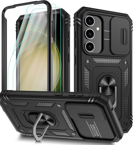 Pilaru 3 in 1 for Samsung S23 FE case | With Front Frame | [Separate] 2 Screen Protector & Kickstand Ring & Camera Cover Military Grade Drop Shockproof Protection for Galaxy S23 FE,Black