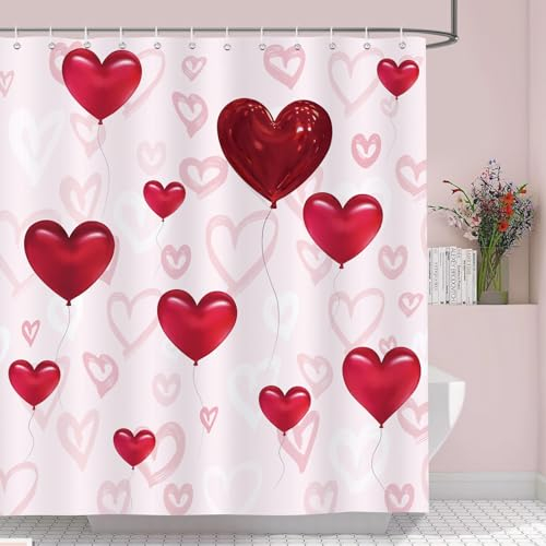 Bonhause Rideau de Douche Saint Valentin Rose Amour Coeur Ballon Rideau de Bain Tissu Polyester Anti Moisissure Imperméable Lavable Rideau Salle de Bain 180 x 180 cm avec 12 Crochets pour Baignoire