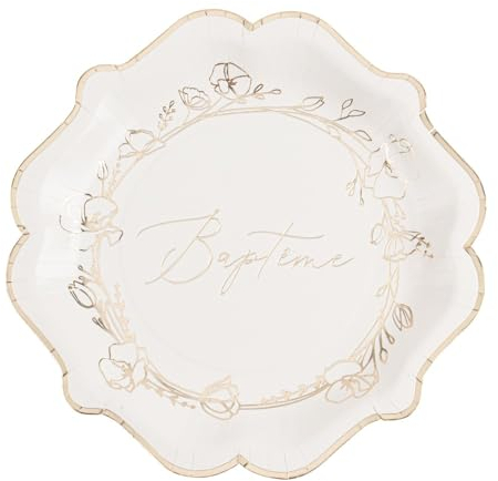 Artifetes Générique - 8 Assiettes Carton BAPTÊME VÉGÉTAL Or 23CM CRÈME
