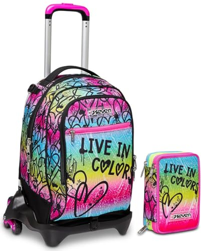 SEVEN Trolley Scuola Jack 3 Ruote, Multicolore, Colour Expression, Zaino Con Carrello Sganciabile, Tasca Porta Borraccia e Crossover System, Trolley Tempo libero, Bambina Ragazza + Astuccio Triplo