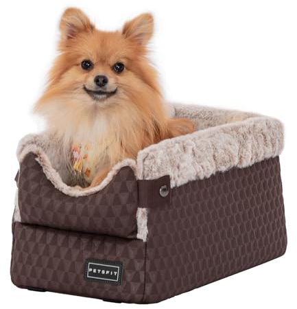 PETSFIT Hundesitz Mittelkonsole Auto, Hunde Autositz für kleine Hunde mit verbesserten Sicherheitsgurten, waschbarem, dickem Kissen, Braun