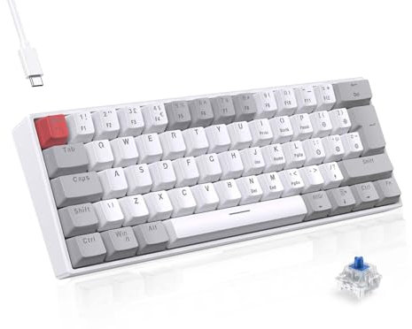 TECURS Gaming Keyboard Mechanical Keyboard Gamer 60% UK-Layout, LED Backlit,Blue Switch, Wired Mini Keyboard for PC/Windows/Laptop/PS4/Xbox, White and Grey