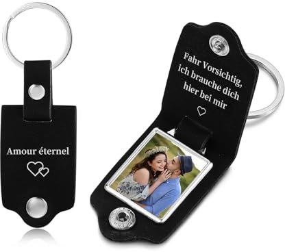 Porte-clés Personnalisé Photo En Acier Inoxydable Cuir Texte Porte-Clés Photo Pour Couples Famille Et Amis ête Des Mères Fête Des Pères Saint Valentin (noir)