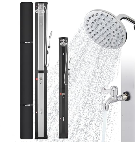 Arebos Solardusche 60 L | mit Handbrause & Thermometer | Wassertemperatur bis zu 60°C Pooldusche Camping | runder Duschkopf | Snap-In Technologie | Inkl. Abdeckhaube | Silber