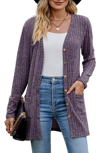 MYCOLORBLUE Alte Zeiten Strickjacken für Damen Elegant Gerippt Cardigan Langarm Knopfleiste mit Taschen Strickcardigan