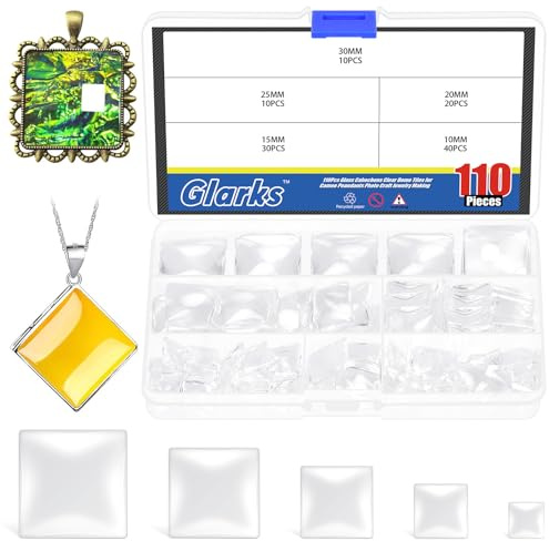 Glarks 110pcs 10/15/20/25/30mm quadratische Glaskuppel Cabochons Set, flache Rückseite klare Glas Cabochon Fliesen, Glas Cabochons für Foto Anhänger Schmuck Handwerk Herstellung