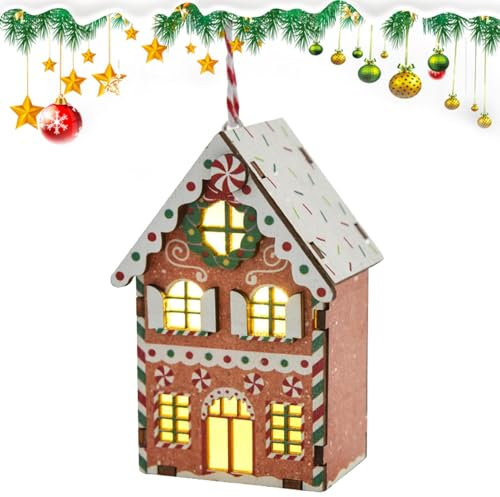 Casa de jengibre de Navidad de madera – Adorno iluminado de árbol de pared de casa de jengibre – Miniatura de pueblo interior y exterior con cordón para ventana, corona