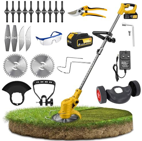 Cordless Grass Trimmer with Metal Blades – Includes 2 Li-Ion Batteries, 24V, Multi-Purpose Blades for Grass, Weeds, Tree Cutting & lawn edger – Lightweight, Adjustable, Powerful Garden Trimmer by ALAF