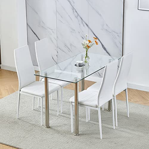 Modernes 5-teiliges Esszimmer-Set mit Hochglanz-Glastisch, stilvolle Stühle mit hoher Rückenlehne und schwarzen Metallbeinen, perfekt für die Küche oder das Esszimmer (Klarglastisch mit weißen