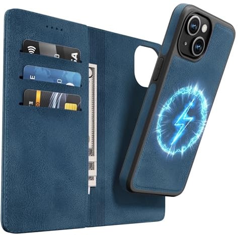 OASISBLUE iPhone 15 Hülle,[2 in 1 Magnetisch Abnehmbar] Kabelloses Laden Kompatibel Stoßfest Schutzhülle Lederhülle Klapphülle Handyhülle für iPhone 15 - blau