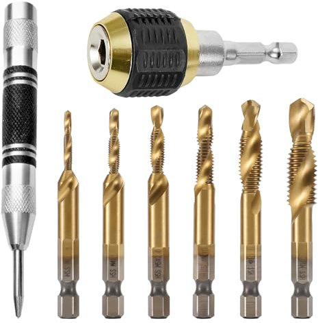 6 Piezas Juego de Brocas, Acero Inoxidable, con Pinza de Cambio Rápido y Punzón de Localización, Broca M3 M4 M5 M6 M8 M10, Vástago Hexagonal de 1/4, para Madera, Metal, Baldosas, Vidrio (Dorado)