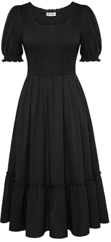 GRACE KARIN Women's Short Sleeve Puffed A-Line Summer Dresses for Women UK Elegant Wedding Guest Dress with Pocket Black S