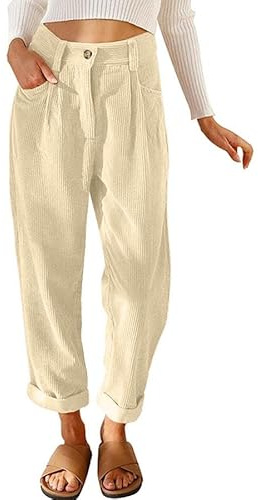 Joligiao Dambyxor eleganta manchesterbyxor dam byxor med elastisk midja sammet byxor dam sammet byxor lätta raka raka byxor vinter byxor, Beige, L