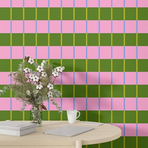 Fchen art Retro Checkered Peel and Stick Wallpaper 70s Funky Checkered Contact Paper Geometric Waterproof Wallpaper Neutral Checkerboard Decor for Bathroom Cabinet 45x1000cm Green Pink