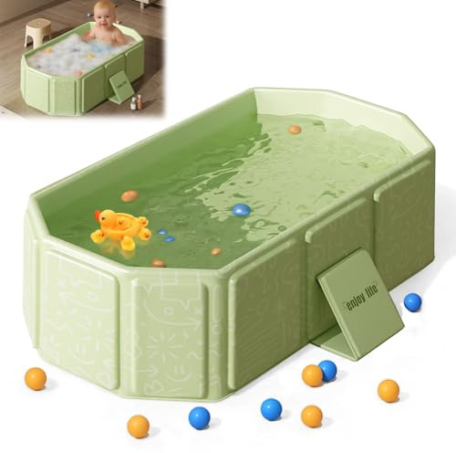 Vlecexs Faltbare Badewanne für Kinder, Tragbare Baby Badewanne, Große Kleinkindbadewanne, Tragbares Duschbecken, Badewanne Kinder für 0-8 Jahre, Kinderbadewanne mit Ablassschraube für Dusche, Grün