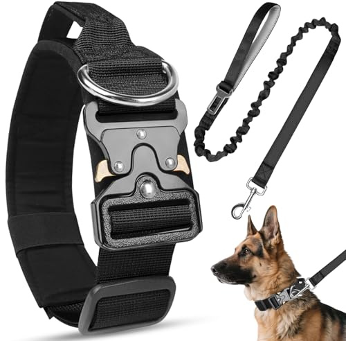 Viugex Collier pour Chien et Laisse, Militaire Collier Réglable Chien Rembourré avec Boucle en Métal Robuste, Respirant Nylon Dog Collar pour Petits, Moyens et Grands Chiens (Noir, XL)