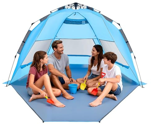 VEVOR Beach Tent Sun Shelter for 4 Person, Pop Up Beach Tent UPF 50+, Portable Sun Shade Beach with Carrying Bag and Sand Pockets, Easy Setup Umbrella for Camping Fishing Outdoor Picnic