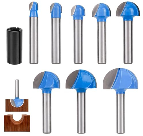 8pcs Cove Box Router Bit Set, 1/4 Shank Round Nose Core Box Router Bits with Conversion Shank, 1/4 to 1 Cutting Diameter Woodworking Tool for Juice Grooves and Coves Cutting
