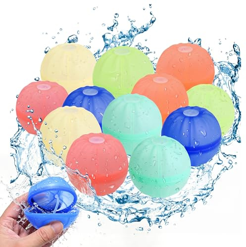 AEYAKA Reusable Silikon Wasserbomben 12er Set, Selbstschließende Schnellfüll-Wasserbälle ohne Magnete, Wiederverwendbares Wasserspielzeug für Pool, Strand, Garten & Sommerpartys