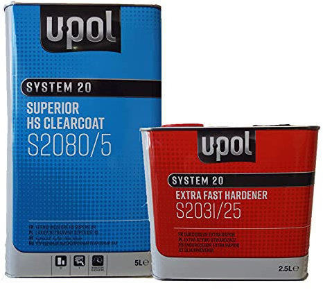 U-POL 7.5lt Clear Lacquer Kit S2080 2K HS Acrylic 5 Litre Clearcoat Lacquer + UPol S2031 Extra Fast 2.5 Litre Hardener Activator