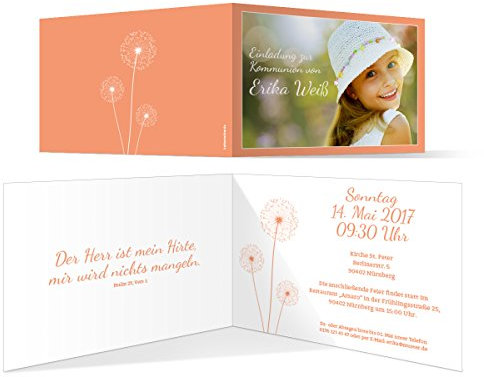 Kartenmachen.de Personalisierte Kommunion Einladungskarten (10 Stück) - Pusteblume in Apricot - Kommunionskarten Einladung