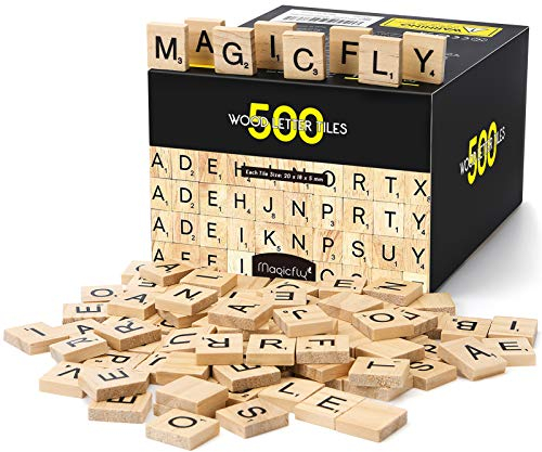 Magicfly 500 Holz-Buchstaben Scrabble Set, Holz-Buchstaben Fliesen mit Zahlenwerten zum Basteln DIY
