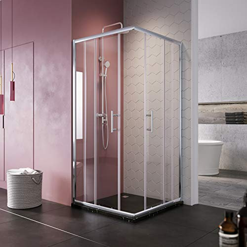 SIRHONA Cabine de douche coulissante 90x76 cm, hauteur 185, entrée d'angle de douche, 2 porte de douche en verre à panneau fixe, verre transparent 5 mm, finition chromée