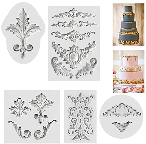 Alivio Barroco Vintage Silicona Fondant Molde Encaje Flor Frontera Decoración de la torta Decoración de la magdalena Pasta de hielo Molde para hornear Chocolate Sugarcraft DIY Juego de 5