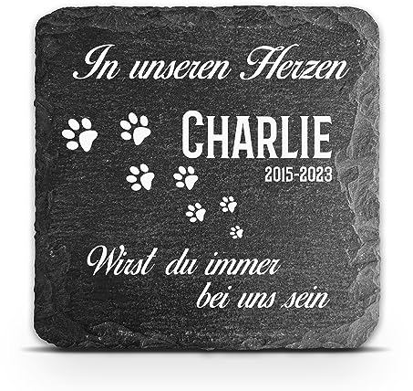 TULLUN Individueller Personalisiert Tiergrabstein Schiefer Gedenkstein für Hund, Katze und andere Haustiere - Größe 10 x 10 cm - In Unseren Herzen