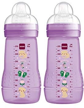 MAM Easy Active Drinking Bottle Set of 2 (270 ml), Baby Drinking Bottle with MAM Teat Size 1 , Milk Bottle with Ergonomic Shape, 0+ Months, Butterfly, Instructions in Foreign Language