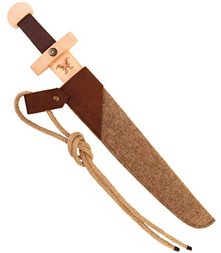 VAH - Wikingerschwertset aus Buchen-Holz mit Filzscheide und Jutekordel zum Umbinden (48cm lang) + Brandprägung Hugin & Munin (477) [Griffwicklung 100% Baumwolle | Echtes Handwerk | Made in Germany]