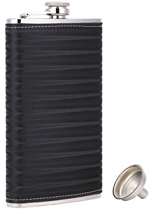 TANEAXON Flasque de Poche en PU Cuir avec Motif 3D Noir 340 ml avec Entonnoir et Boîte – Acier Inoxydable et étanche