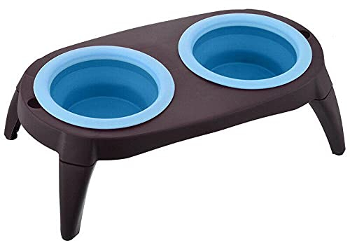 Comedero Perro Gato Durable Platos para Perros Cuencos Dobles Plegables para Perros con Alfombrilla De Silicona Antideslizante Plato Alimentador De Mascotas Plegable para Perros Cachorros Gato Azul