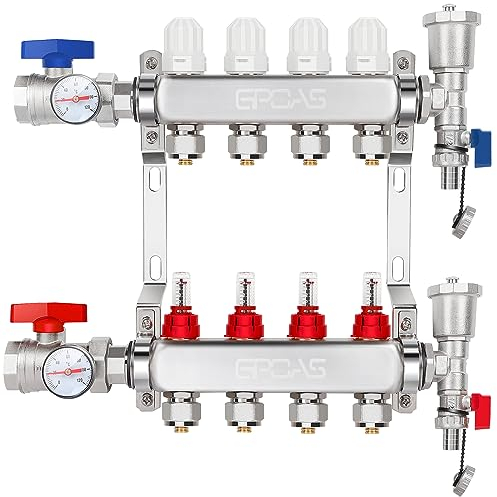Kit de collecteur de chauffage au sol radiant PEX à 4 branches, 4 boucles, chauffage au sol radiant hydraulique, en acier inoxydable, pour tube PEX de 1,27 cm