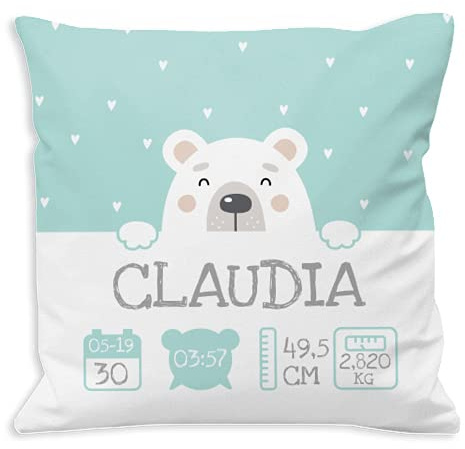NANNUK - Cojín Nacimiento Personalizado Oso Polar para recién Nacidos, se Personaliza con Nombre, Hora, Fecha, Peso y Medida del bebé.