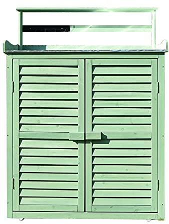 YYUN Geräumiger Holzpflanztisch, Praktischer Pflanztisch mit Metall Tischplatte, Schrank und 8 Haken, Natürliches Tannenholz, 87 X 45 X 120 cm (Color : Green)