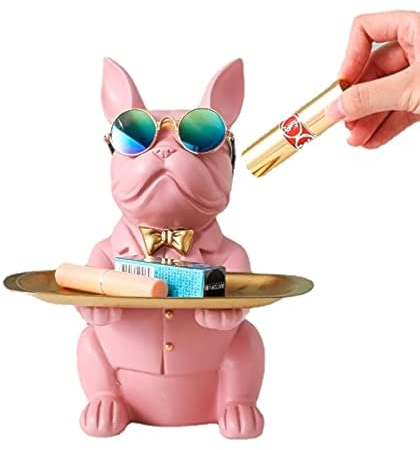 suruim Resina Bulldog Escritorio Bandeja de Almacenamiento Estatua Moneda Hucha Almacenamiento Animal Escultura Mesa Decoración Multifunción Oficina Decoración del hogar (Rosa)