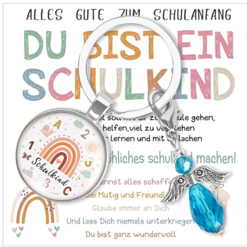 Einschulung Mädchen Geschenk, Schutzengel Schultüte Schlüsselanhänger, Blau Schulkind Schultüte Füllung, Schulanfang Glücksbringer Geschenke, 2024 Erster Schultag Mutmacher Plus Grußkarte Kinder
