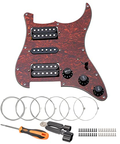 Unxuey Piastra di protezione precablata a 11 fori caricata con parti di pickup HSH nere per chitarra Fender Strat, con corde per chitarra e strumento di installazione