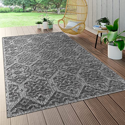 Paco Home Outdoor Teppich Wetterfest Wohnzimmer Balkon Küche Orientalisch Ornament Skandinavisch Geometrisches Muster 3D Effekt Modern, Grösse:160 cm Rund, Farbe:Anthrazit 2
