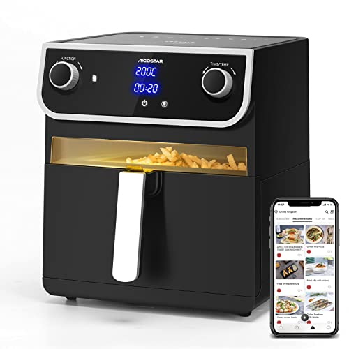 Aigostar Joy - Friggitrice ad aria da 8 litri, friggitrice senza olio con finestre trasparenti, 1700 W, doppia manopola e touch screen LED, 12 funzioni preimpostate, doppio cestello. BPA FREE