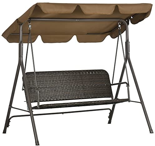 Outsunny Dondolo da Giardino 3 Posti con Tettuccio Parasole Regolabile, Dondolo da Esterno con Seduta Traspirante in Rattan PE e Acciaio, Portata fino a 240 kg, 167x112x153 cm, Marrone