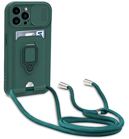 Dllatui Cover Compatibile con iPhone 14 Pro, Cover con Cordino Tracolla, Slidable Fotocamera Protezione Custodia,Supporto,Slot Schede, Silicone Case (Verde)