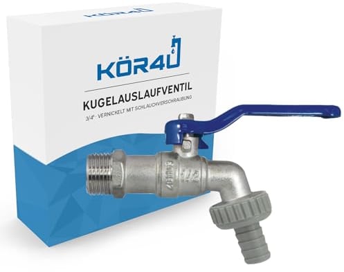 kör4u Kugelauslaufventil Messing 3/4 Zoll, vernickelt, mit Schlauchverschraubung, blauer Hebel, Wasserhahn, geeignet für Haushalt-, Gartenbereich
