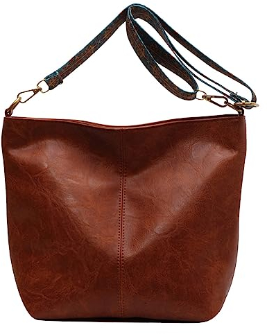TIAASTAP Groß Leder Umhängetasche Damen Gross Crossbody Bag mit Breiter Gurt Vintage Schultertasche Beuteltasche Shopper Damen Groß Hobo Bag mit Reißverschluss