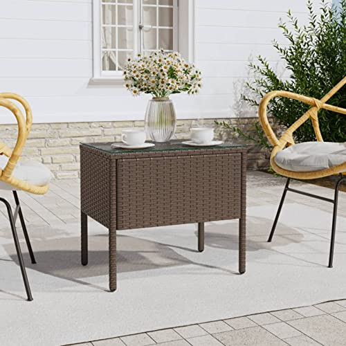 Homgoday Table basse marron 53 x 37 x 48 cm Polyrotin et verre trempé, table de salon, table de bureau, chambre à coucher jardin