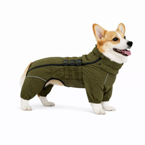 lovelonglong Warmer Hundemantel, doppellagig, Hundeweste, 4 Beine bedeckt, winddicht, wasserdicht, reflektierend, warme Hundeweste, Outdoor, Skaten, Hundekostüm für Corgis Dackel, Olive, D-S